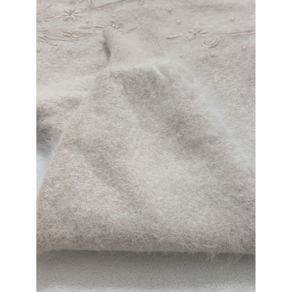 Vtg Venesha Angora Sweater Cardigan Large Pale Pink Fuzzy Pearl Beaded Preppy - Picture 8 of 15